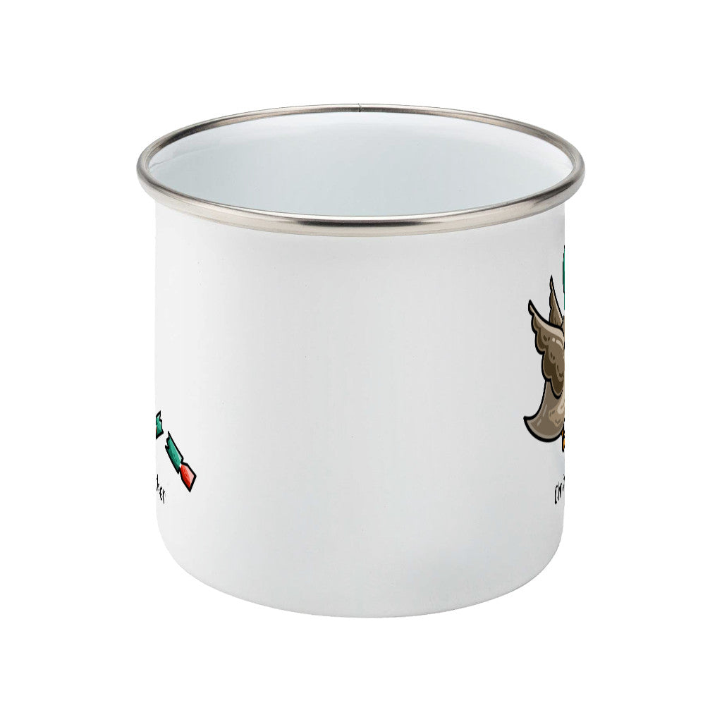 A silver rimmed white enamel mug seen side on with the handle hidden behind and a slither of the design showing at each edge of the mug