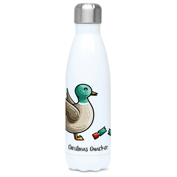 A tall white stainless steel drinks bottle seen from the front with its silver lid on a design of a mallard duck with a red and green Christmas cracker and the words Christmas Quacker written in black beneath