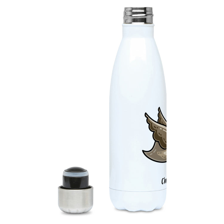 A tall white stainless steel drinks bottle seen side on with its lid off and screw neck visible and the edge of the design showing
