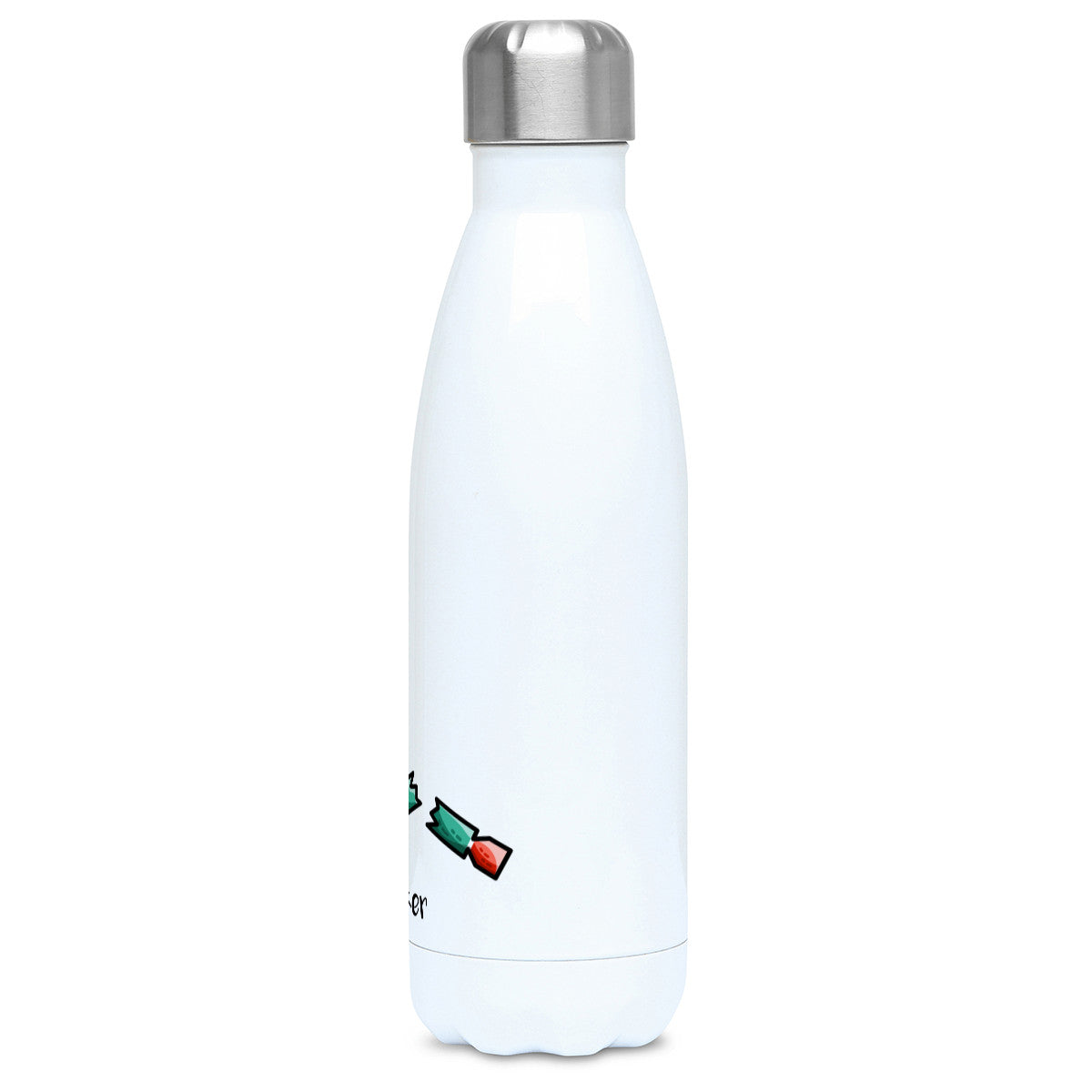 A tall white stainless steel drinks bottle seen side on with its silver lid on and the edge of the design showing