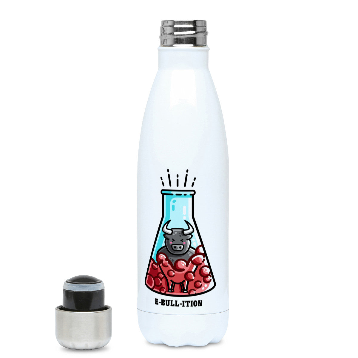 A tall white stainless steel drinks bottle seen from the back with its silver lid off and a design of a cute bull in a boiling flask of red liquid with 'e-bull-ition' beneath.