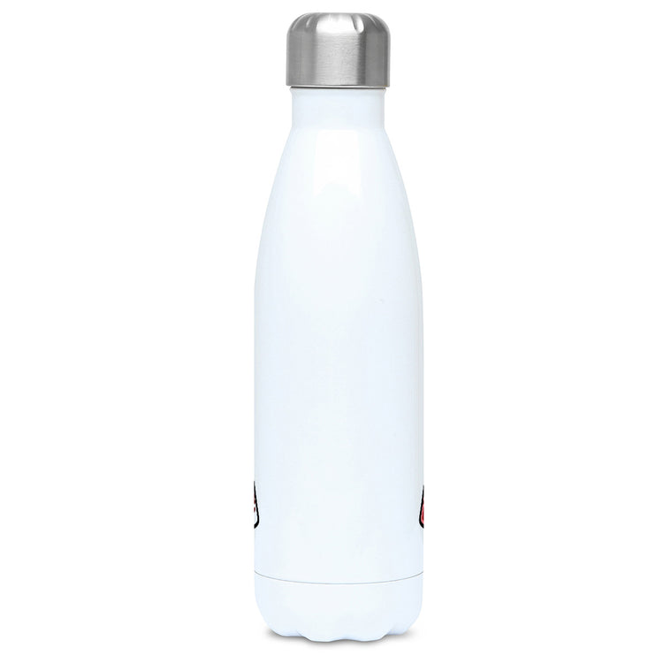 A tall white stainless steel drinks bottle seen side on with its lid off and screw neck visible and the edge of the design showing at either side.