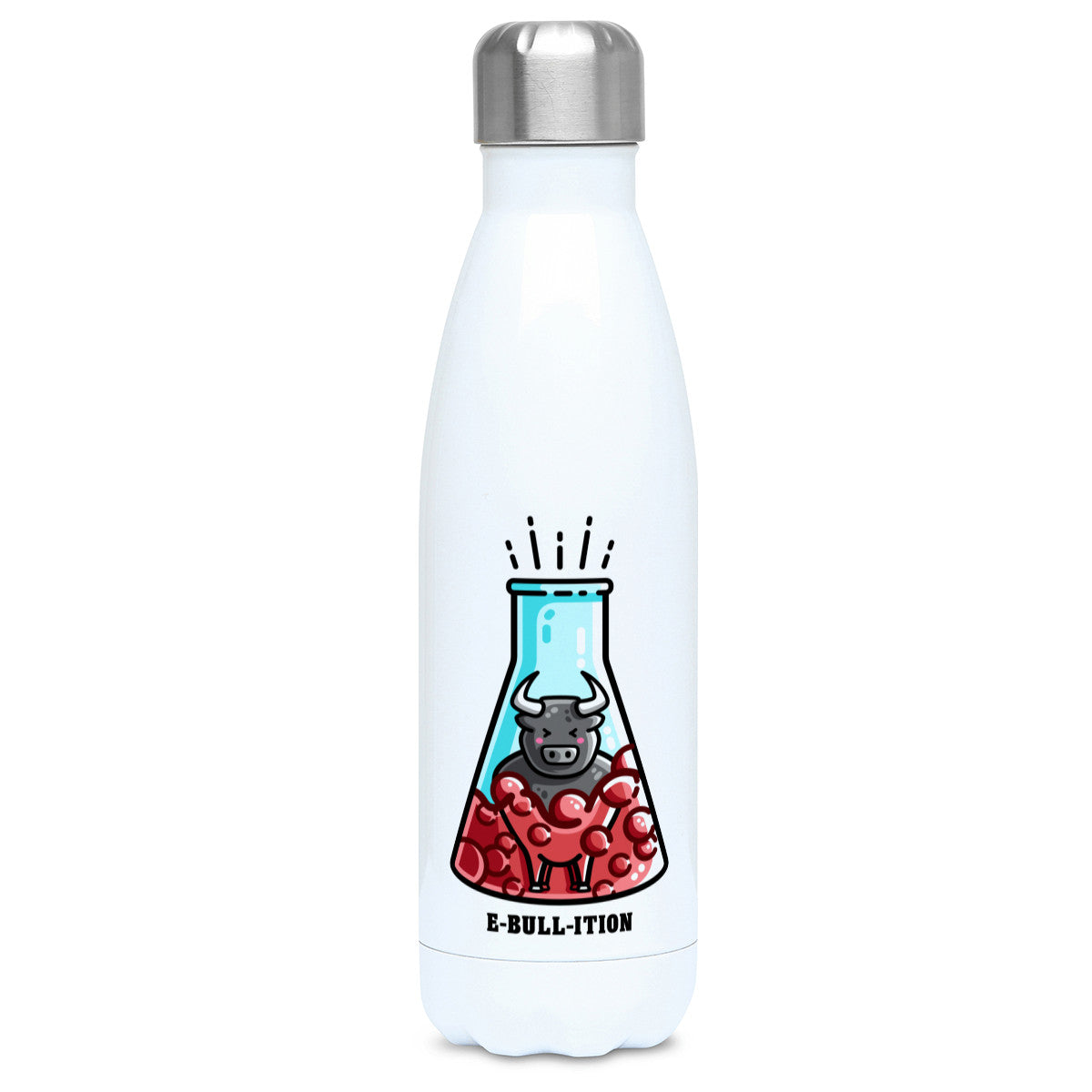 A tall white stainless steel drinks bottle seen from the front with its silver lid on and a design of a cute bull in a boiling flask of red liquid with 'e-bull-ition' beneath.
