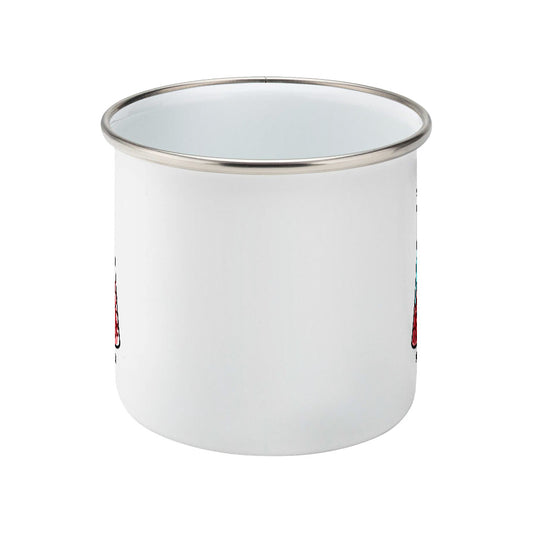 A silver rimmed white enamel mug seen side on with the handle hidden behind and a portion of the design visible at each edge of the mug.