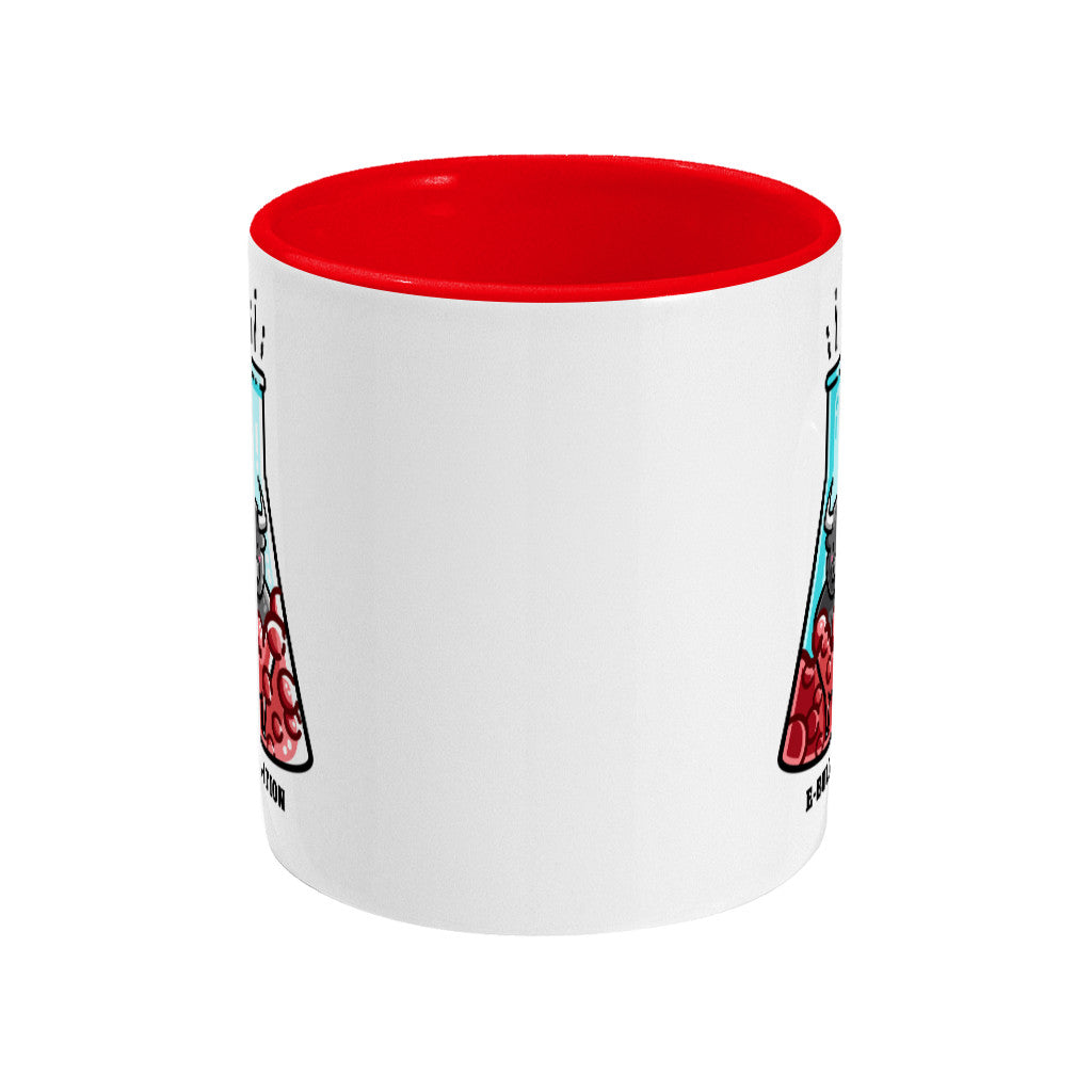 A two toned white and red ceramic mug seen side on with the handle hidden around the back and slither of design showing at each side.