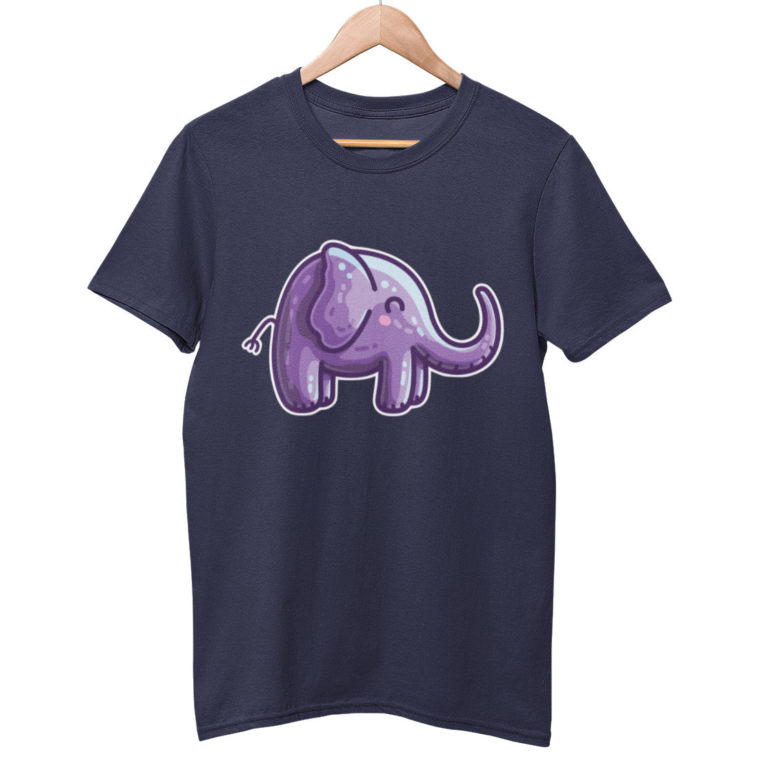 A dark navy blue unisex crewneck t-shirt on a hanger with a design on its chest of a kawaii cute purple elephant standing seen side on facing to the right