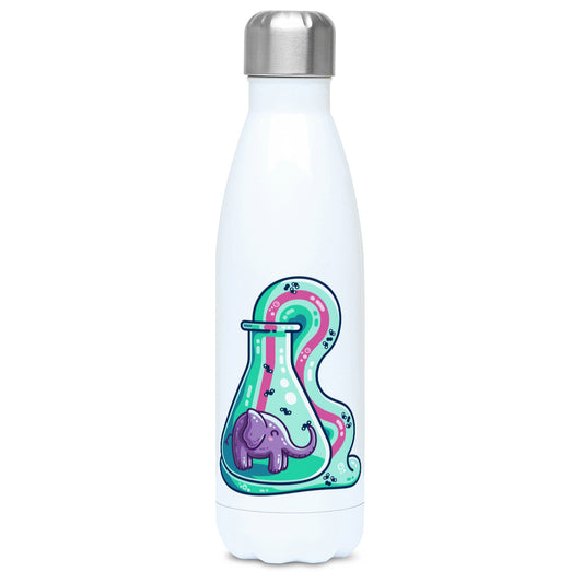 A tall white stainless steel drinks bottle seen from the front with its silver lid on and a design of  a conicle flask with a purple elephant inside and green foam coming out and down with a pink stripe along the middle of it with small molecules represented in the foam.