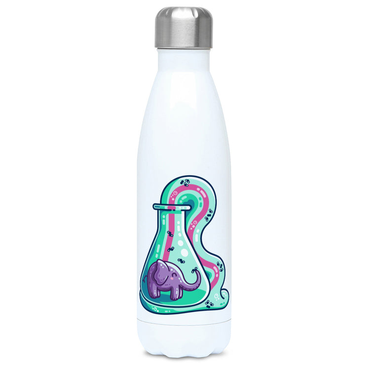 A tall white stainless steel drinks bottle seen from the front with its silver lid on and a design of  a conicle flask with a purple elephant inside and green foam coming out and down with a pink stripe along the middle of it with small molecules represented in the foam.