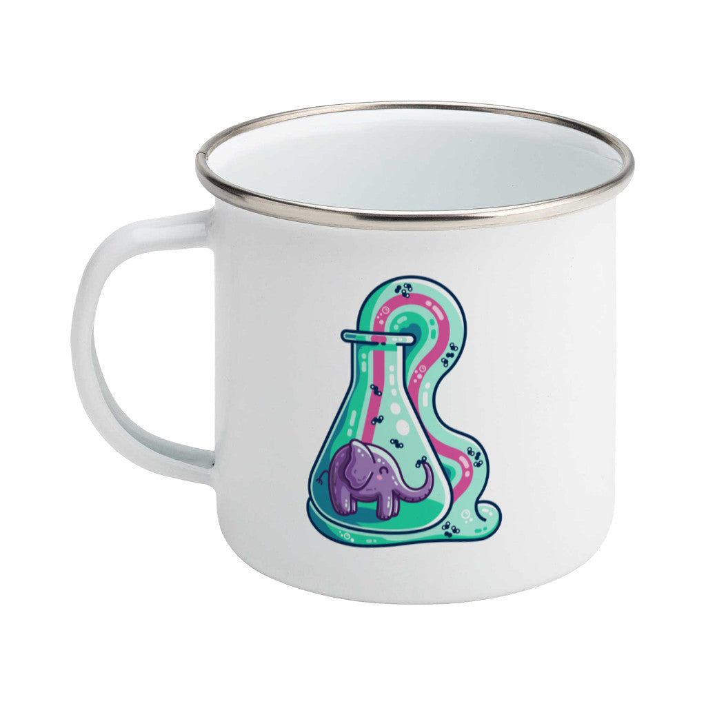 A silver rimmed white enamel mug with the handle to the left showing a design of a conicle flask with a purple elephant inside and green foam coming out and down with a pink stripe along the middle of it with small molecules represented in the foam.