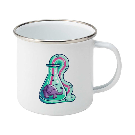 A silver rimmed white enamel mug with the handle to the right showing a design of a conicle flask with a purple elephant inside and green foam coming out and down with a pink stripe along the middle of it with small molecules represented in the foam.