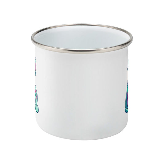A silver rimmed enamel mug seen side on with the handle hidden behind and a portion of the design visible at each edge of the mug.