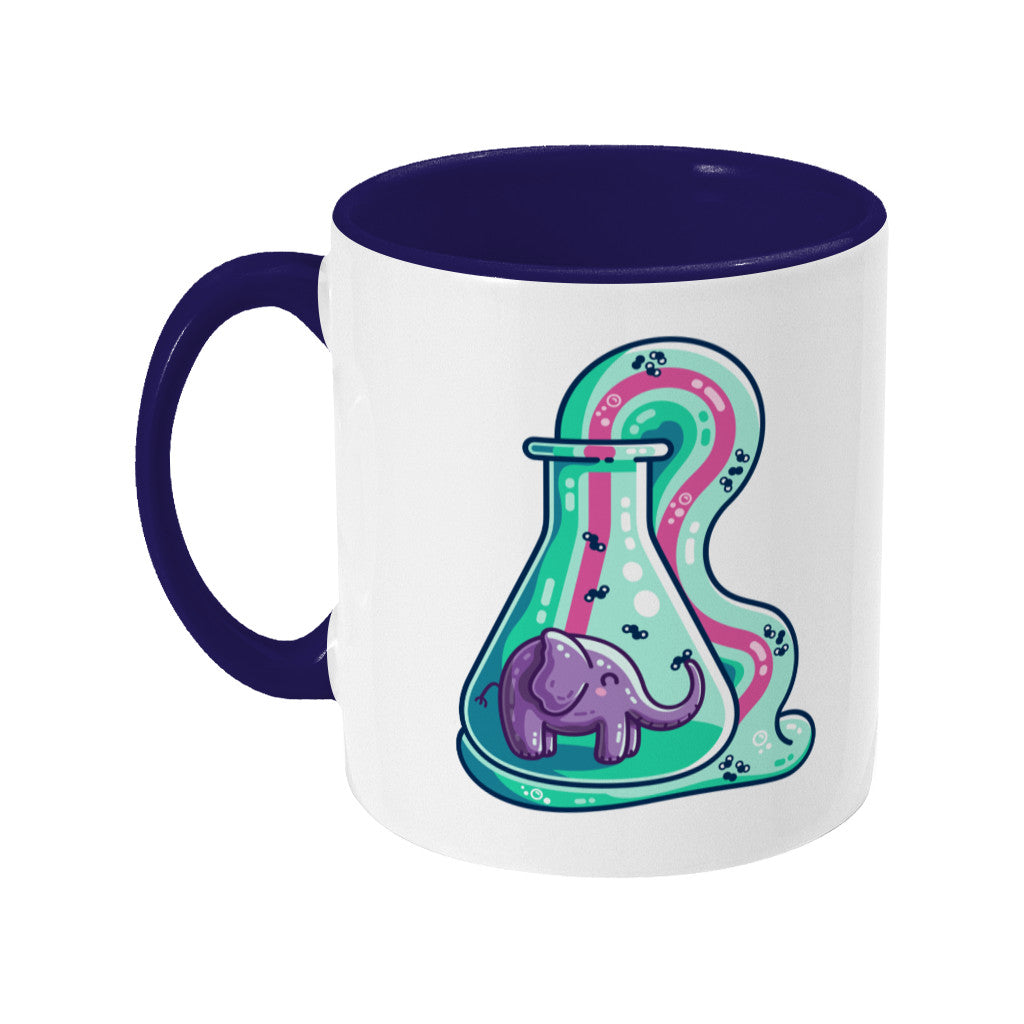 A two toned white and dark blue ceramic mug with the handle to the left showing a design of a conicle flask with a purple elephant inside and green foam coming out and down with a pink stripe along the middle of it with small molecules represented in the foam.