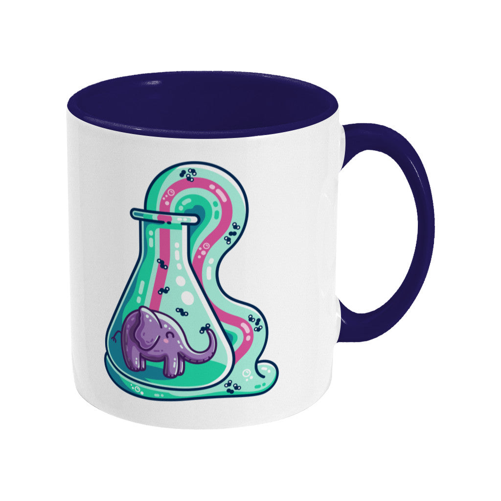 A two toned white and dark blue ceramic mug with the handle to the right showing a design of a conicle flask with a purple elephant inside and green foam coming out and down with a pink stripe along the middle of it with small molecules represented in the foam.