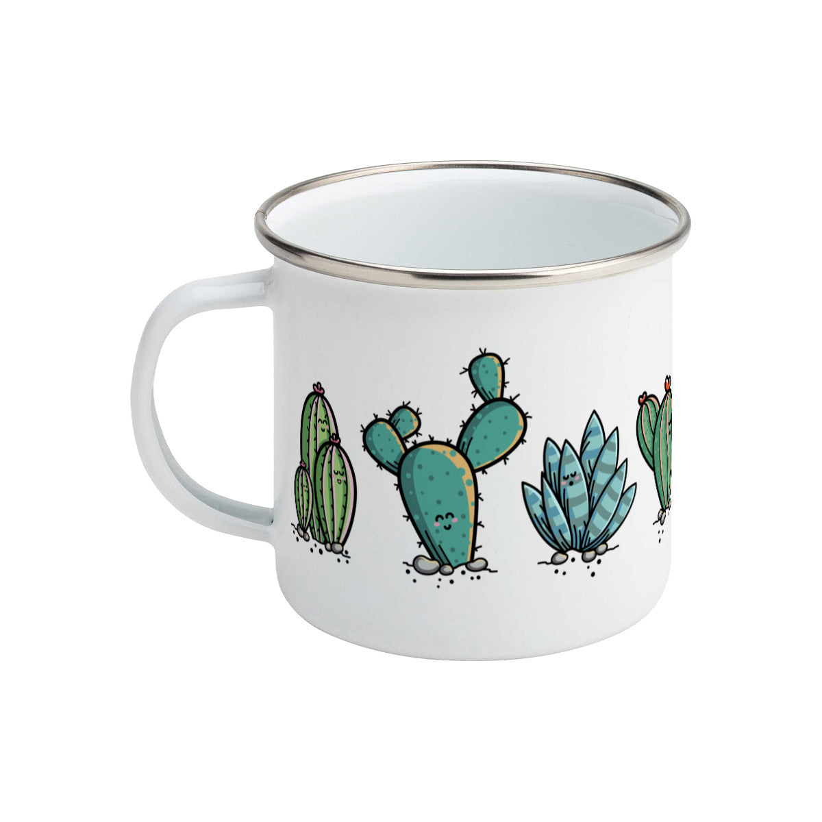 Four kawaii cute cactus plants design on a silver rimmed white enamel mug, showing LHS