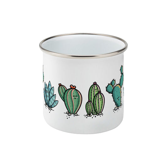 Four kawaii cute cactus plants design on a silver rimmed white enamel mug, side view