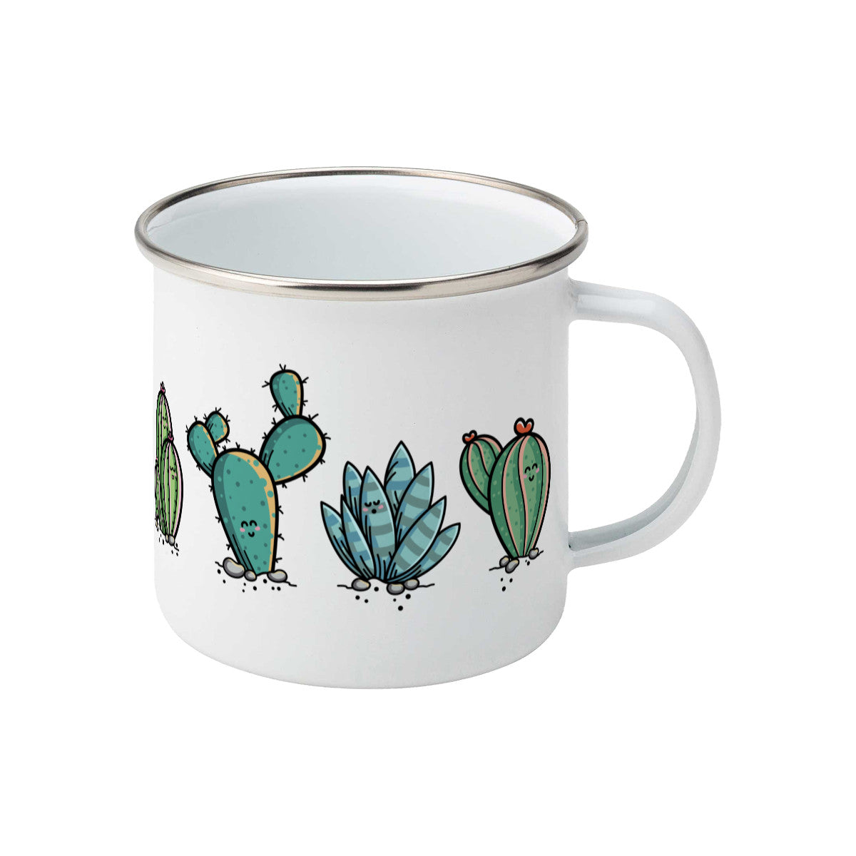 Four kawaii cute cactus plants design on a silver rimmed white enamel mug, showing RHS