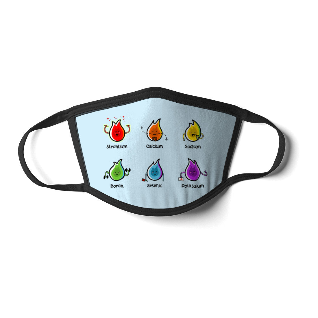 A pale blue rectangular face mask with black cords and a design of two rows of three cute flames representing different elements and the different coloured flames they burn with, the name of each element is written beneath each flame