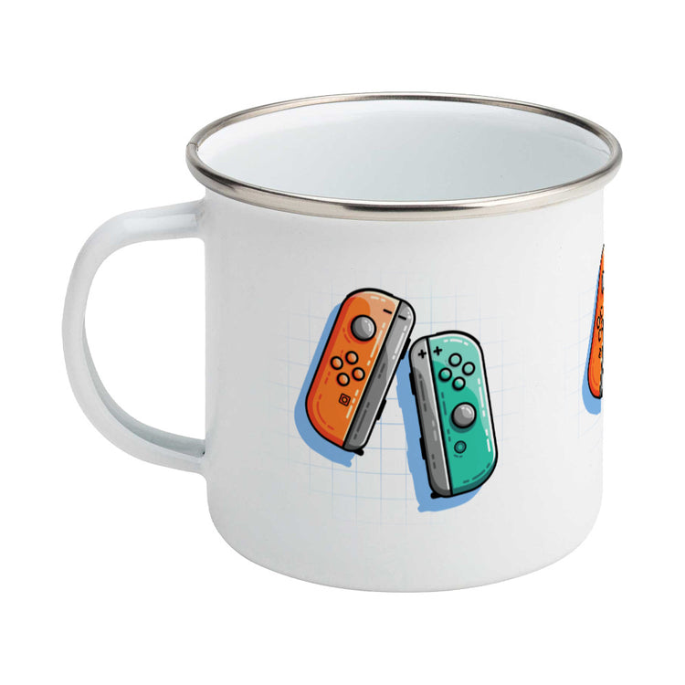 An orange and a turquoise game controller design on a silver rimmed enamel mug, showing LHS
