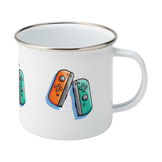 An orange and a turquoise game controller design on a silver rimmed enamel mug, showing RHS