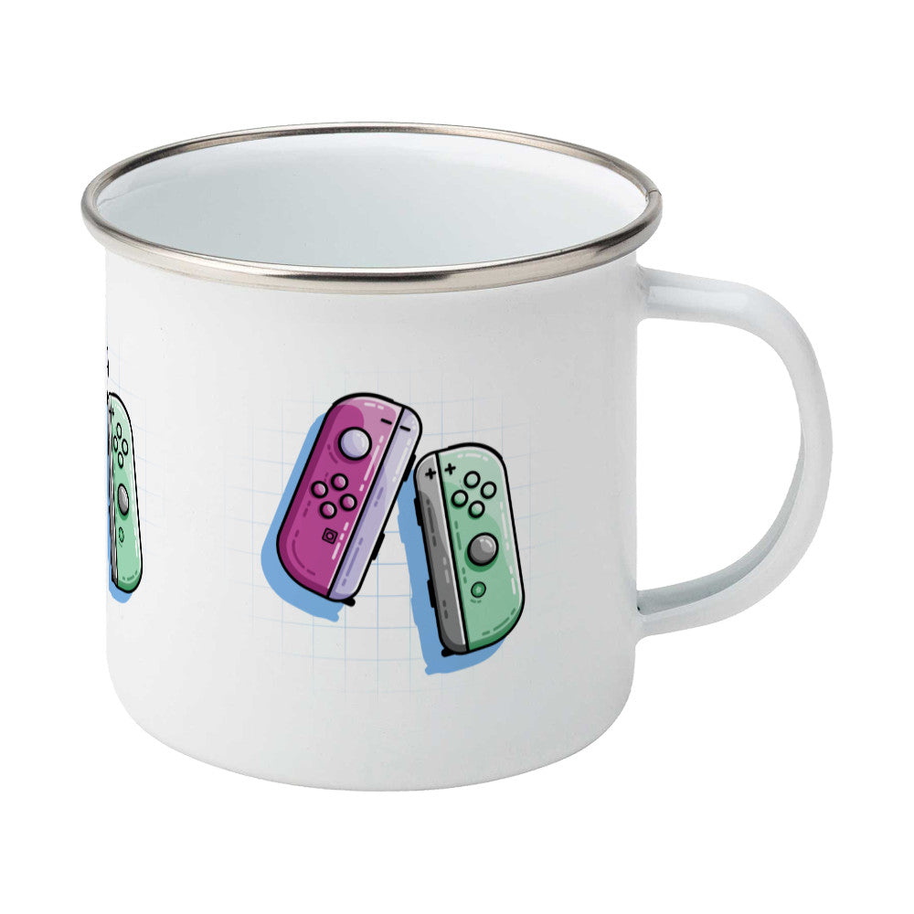 A pink and a green game controller design on a silver rimmed enamel mug, showing RHS