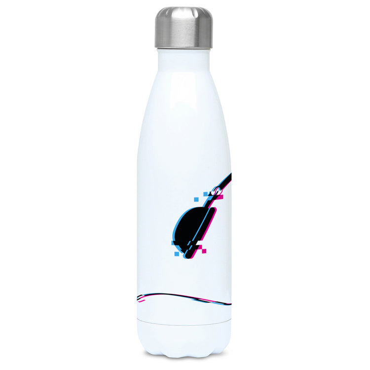 Headphones glitch art design on a white metal insulated drinks bottle, lid on, middle view