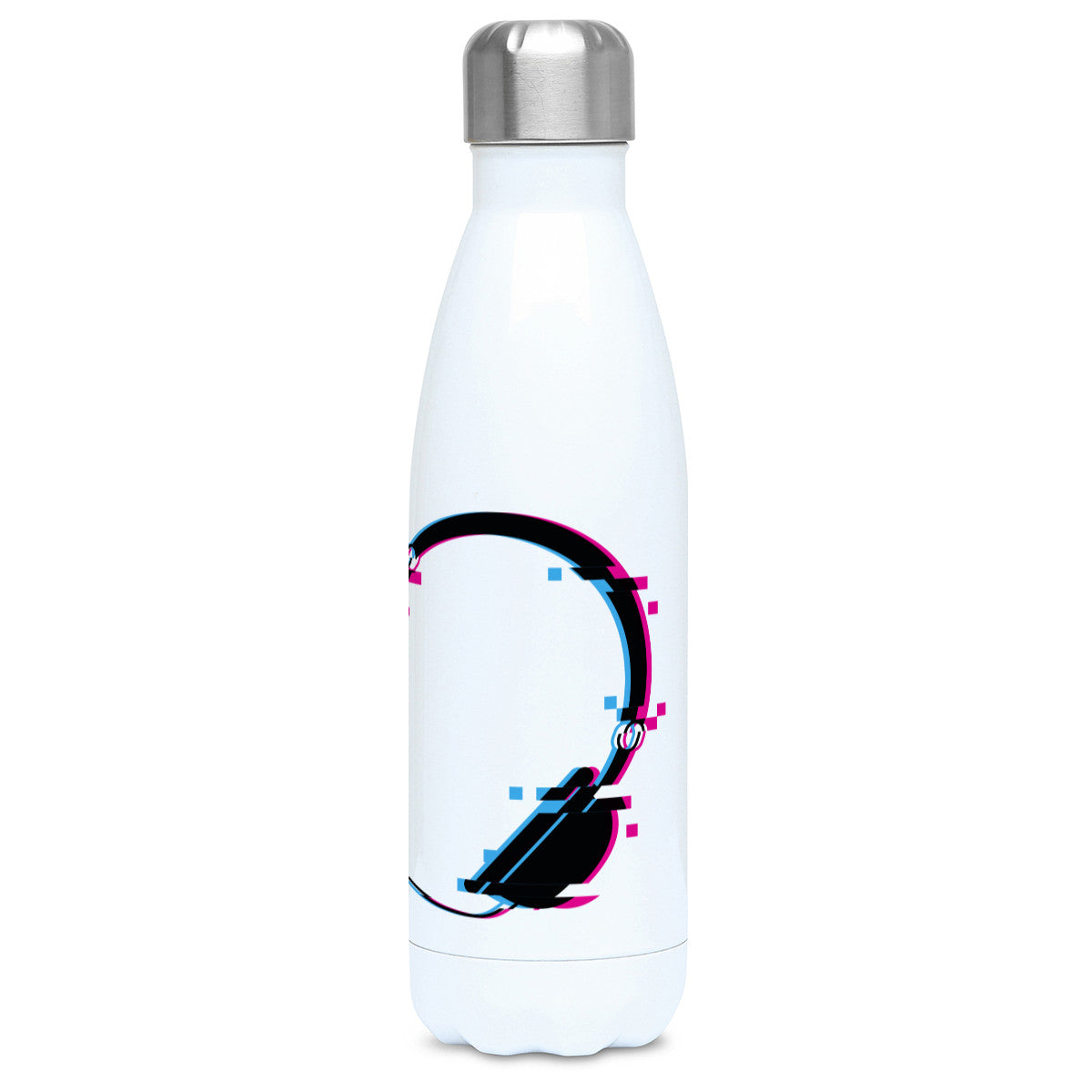 Headphones glitch art design on a white metal insulated drinks bottle, lid on