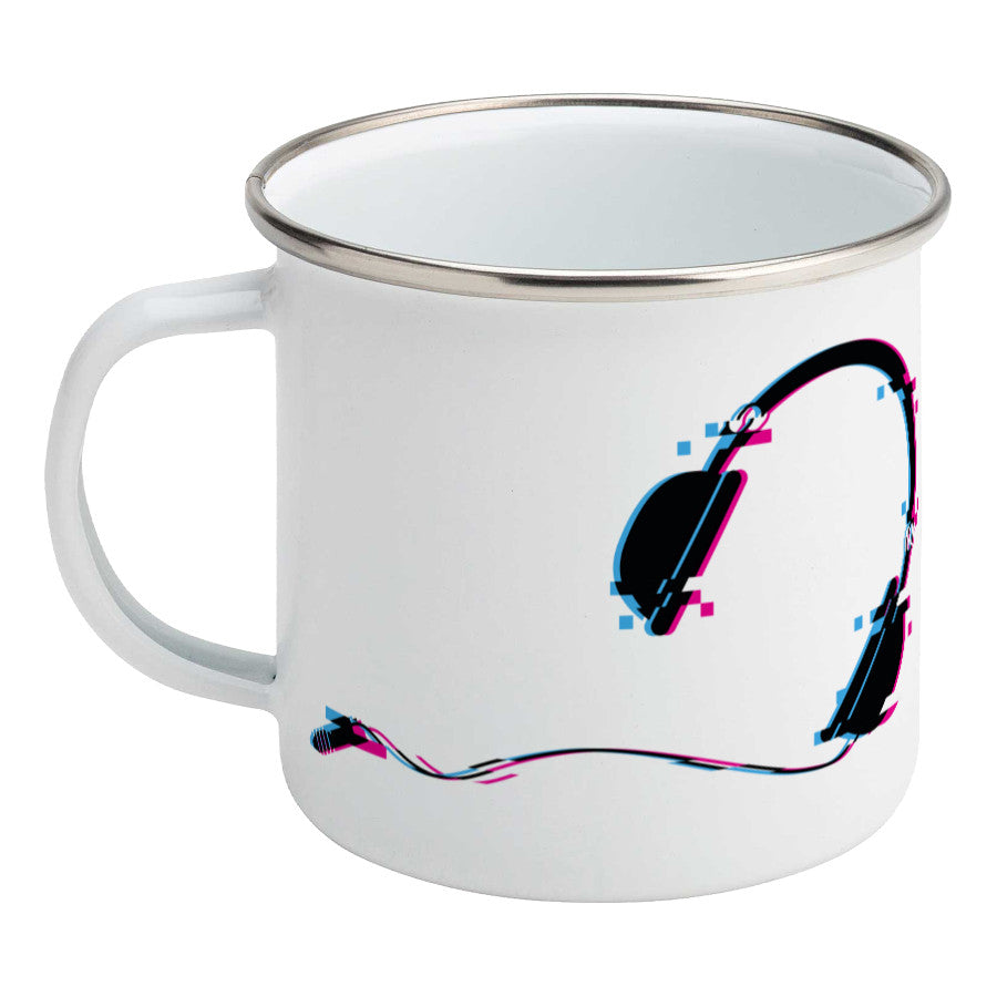 Headphones glitch art design on a silver rimmed white enamel mug, showing LHS