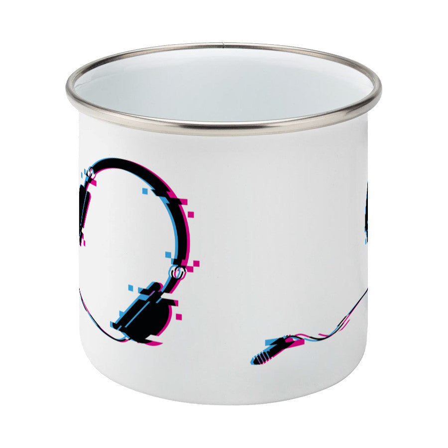 Headphones glitch art design on a silver rimmed white enamel mug, showing middle