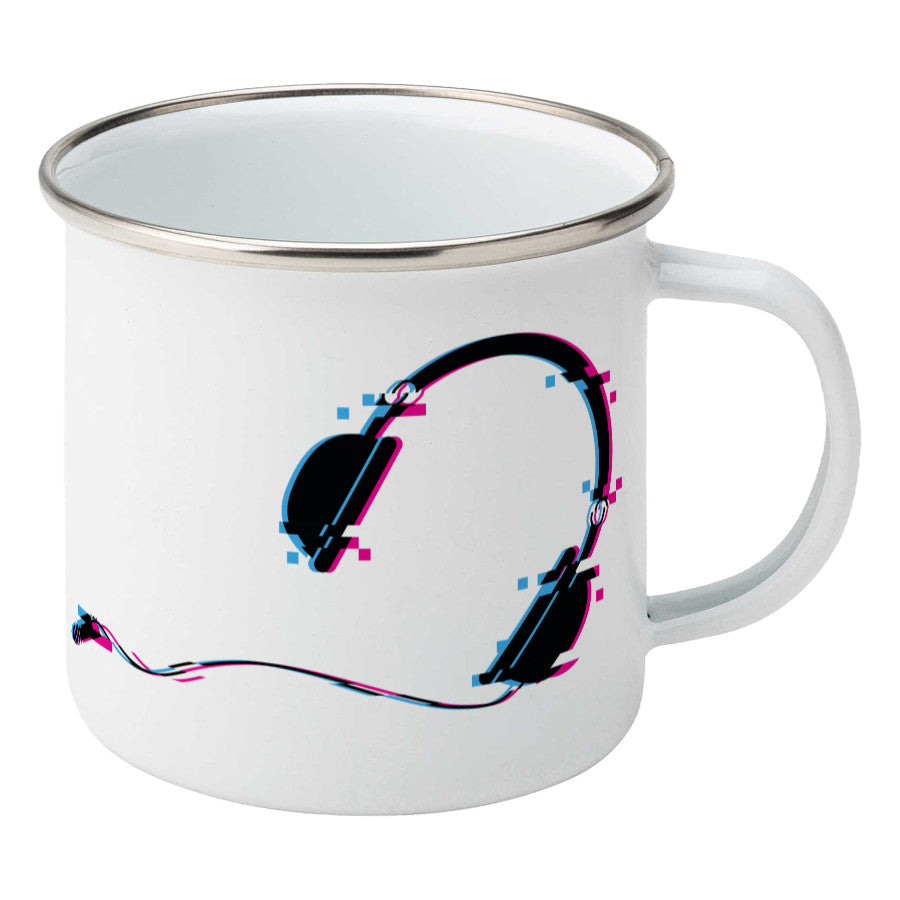 Headphones glitch art design on a silver rimmed white enamel mug, showing RHS