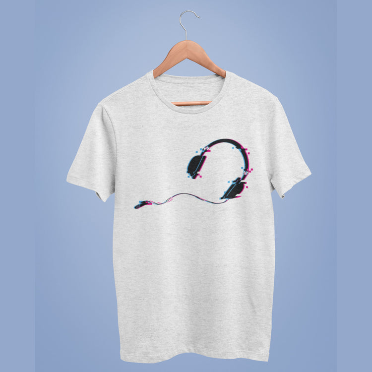 Glitched headphones cotton crewneck t-shirt on a hanger