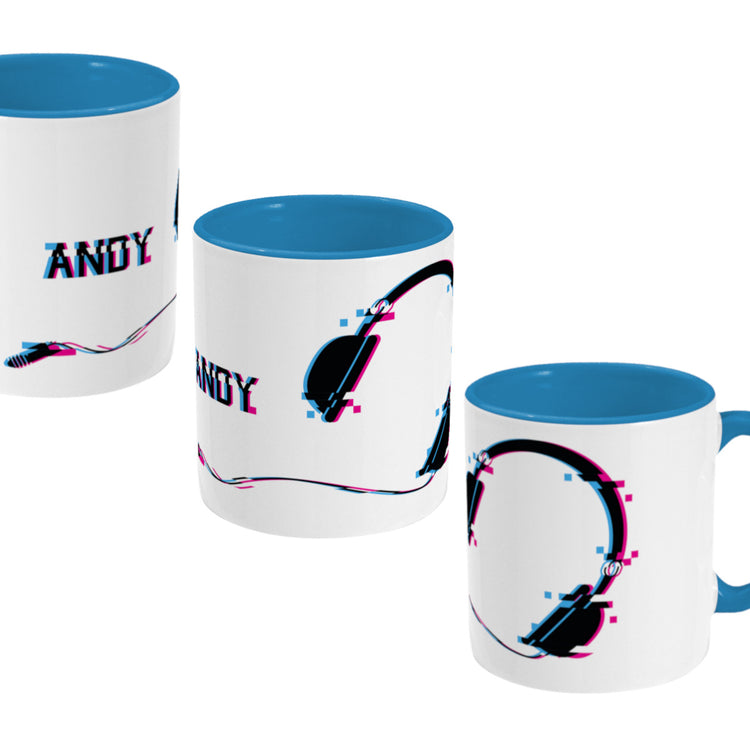 Glitch art headphones personalised design on a two toned blue and white ceramic mug, showing three views