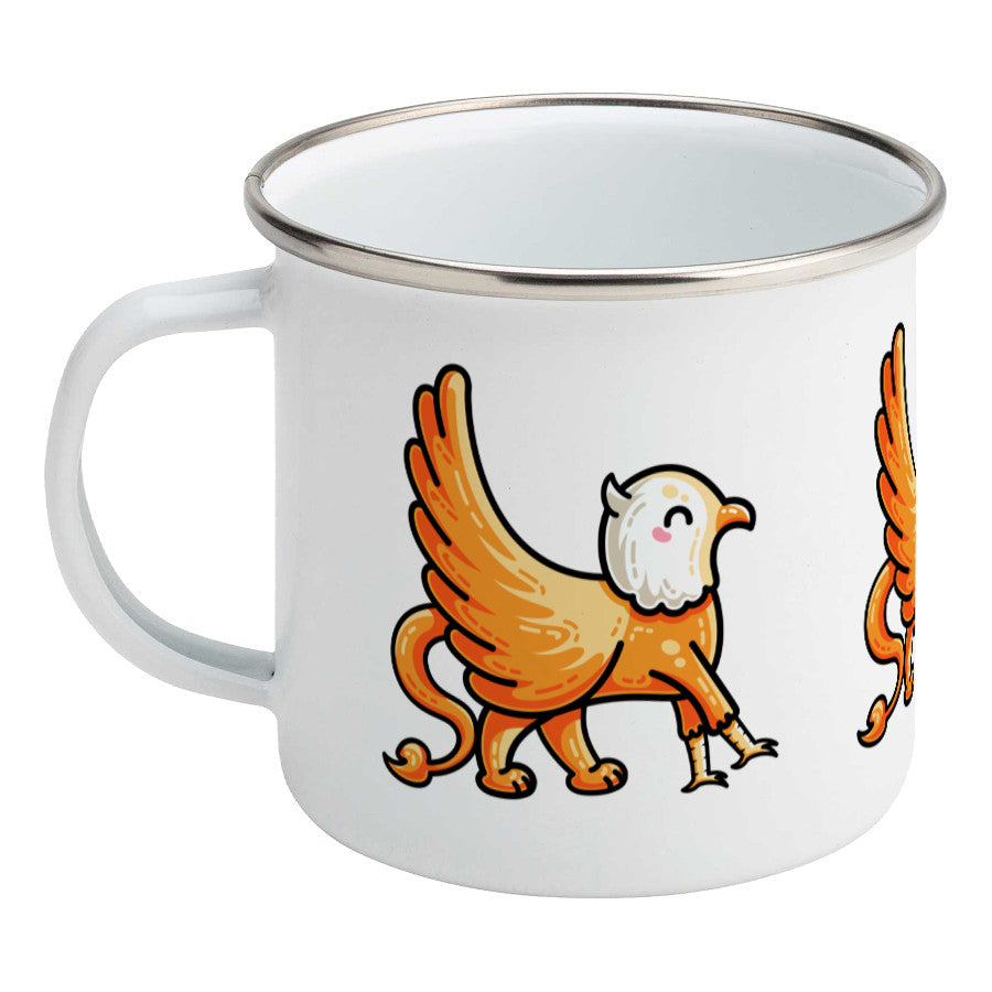 Kawaii cute orange and white griffin design on a silver rimmed white enamel mug, showing LHS