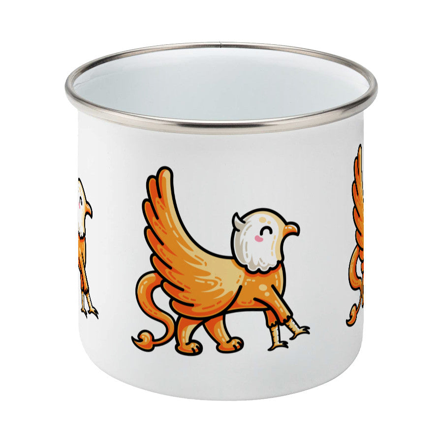 Kawaii cute orange and white griffin design on a silver rimmed white enamel mug, middle view