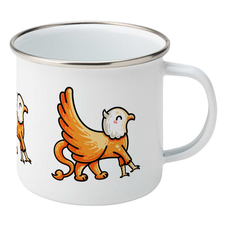 Kawaii cute orange and white griffin design on a silver rimmed white enamel mug, showing RHS