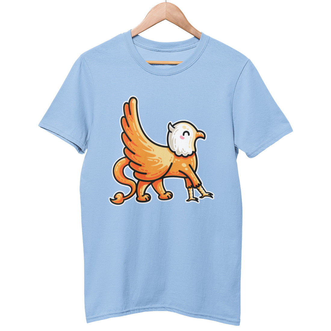 A light sky blue colour unisex crewneck t-shirt on a hanger with a design on its chest of a kawaii cute orange and white griffin with wings furled and seen side on walking across the t-shirt from left to right