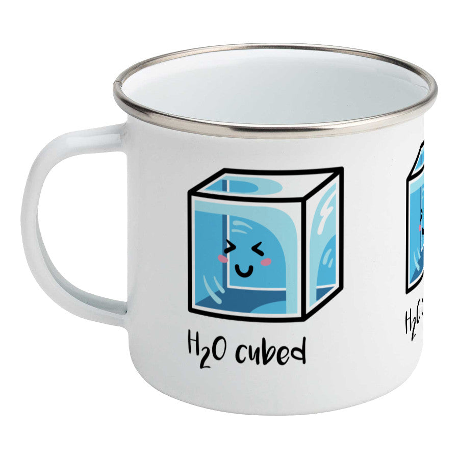 Kawaii cute blue cube of ice with the words 'H20 cubed' design on a silver rimmed white enamel mug, showing LHS