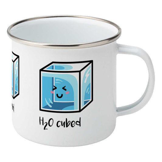 Kawaii cute blue cube of ice with the words 'H20 cubed' design on a silver rimmed white enamel mug, showing RHS