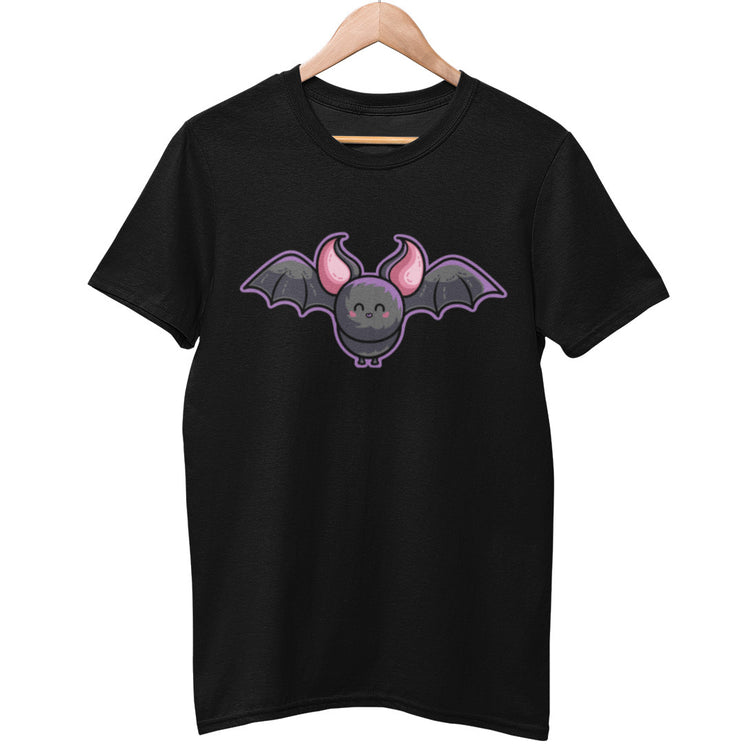 A black unisex crewneck t-shirt on a wooden hanger with a design on its chest of a kawaii cute dark grey bat facing forwards straight on with a happy smile and big pink ears with pink highlights and an overall purple outline