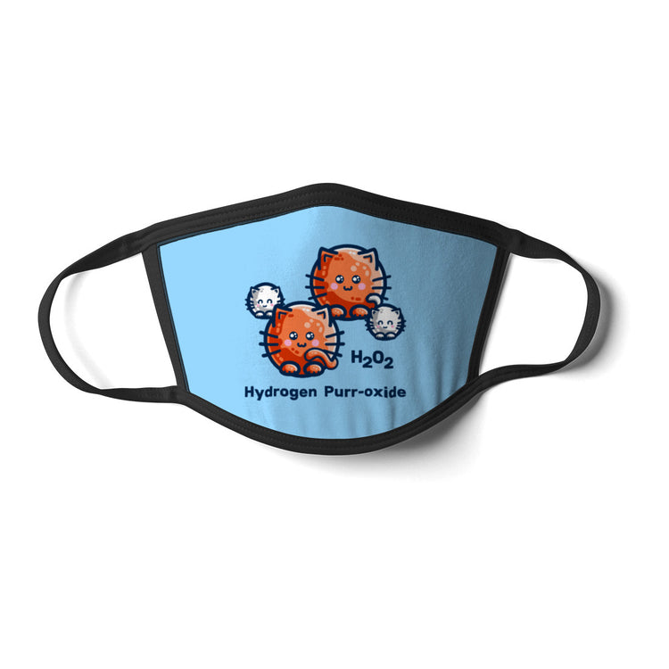 A light blue face mask with black cords and a design of a hydrogen peroxide molecule represented as round white and ginger cats accompanied by the words H202 Hydrogen Purr-oxide
