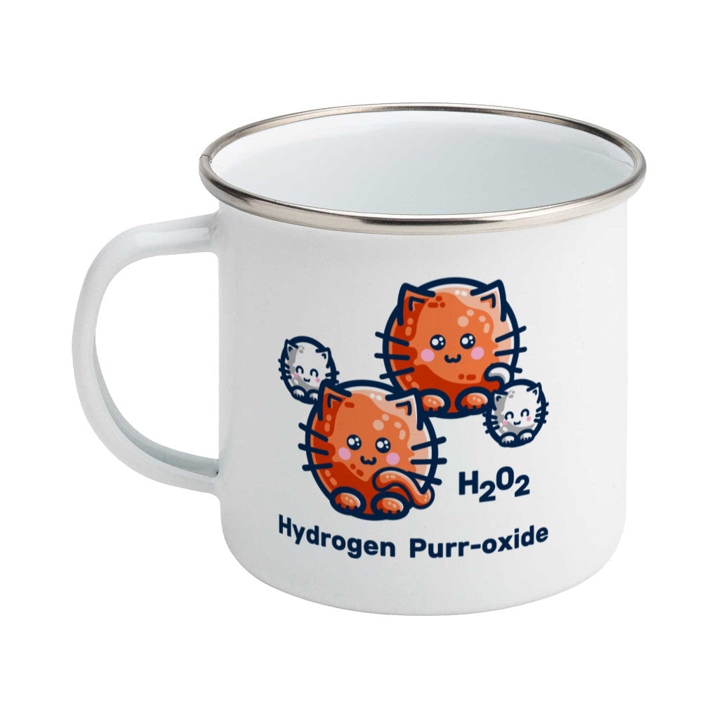 A silver rimmed white enamel mug with the handle to the left showing a design of a hydrogen molecule with the hydrogen atoms replaced by round white kittens and the oxygen atoms replaced by larger round ginger cats and the words H202 hydrogen purr-oxide