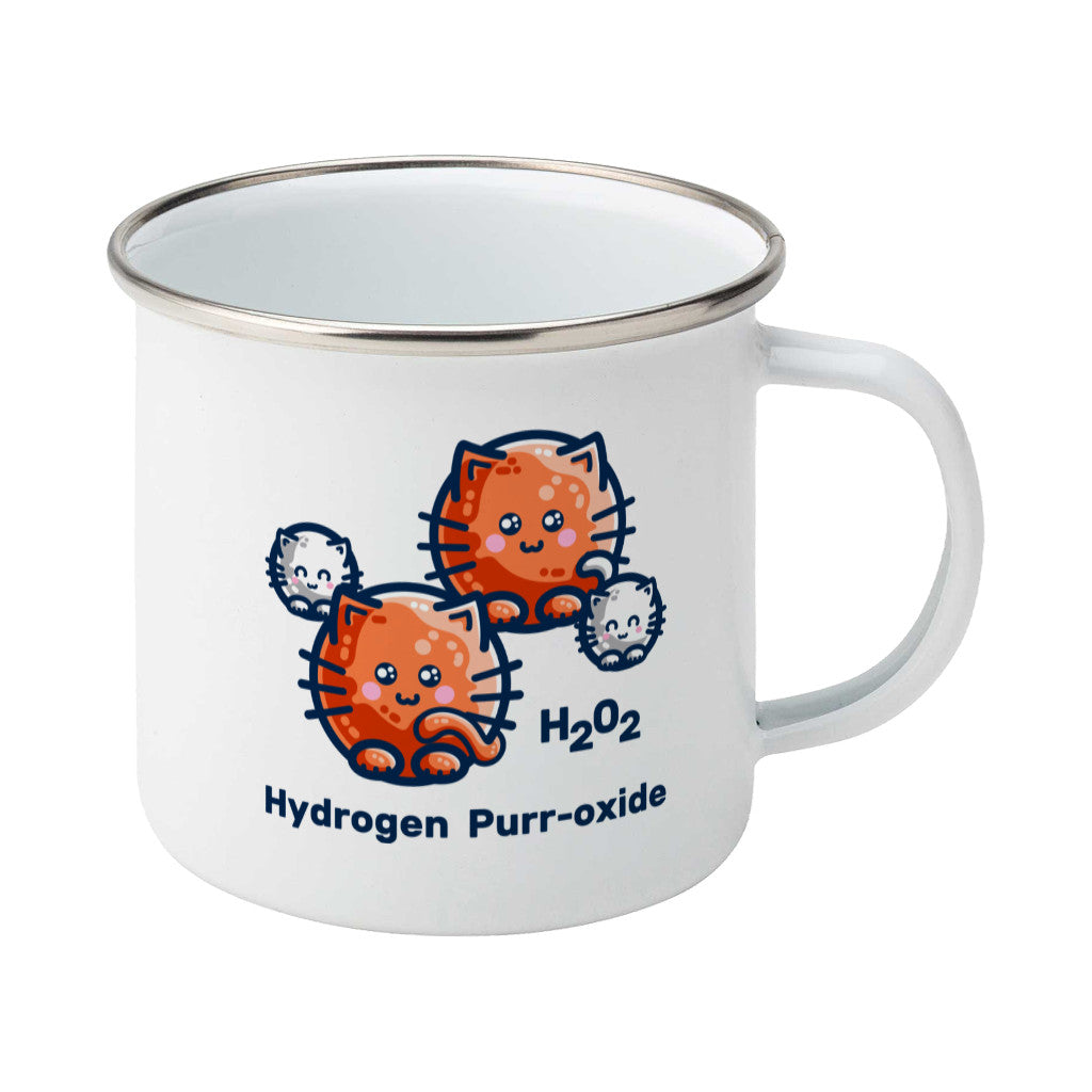 A silver rimmed white enamel mug with the handle to the right showing a design of a hydrogen molecule with the hydrogen atoms replaced by round white kittens and the oxygen atoms replaced by larger round ginger cats and the words H202 hydrogen purr-oxide