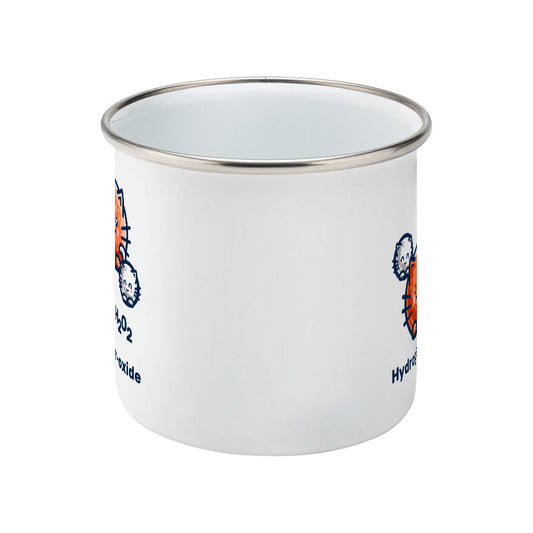 A silver rimmed white enamel mug seen side on with the handle hidden behind and a portion of the design visible at each edge of the mug