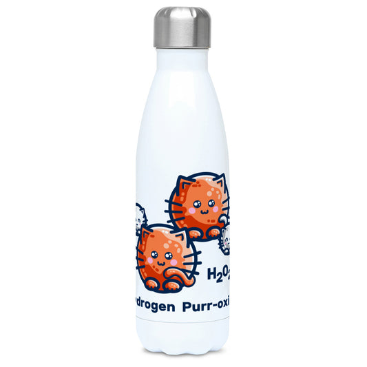 A tall white stainless steel drinks bottle seen from the front with its silver lid on a design of a hydrogen molecule with the hydrogen atoms replaced by round white kittens and the oxygen atoms replaced by larger round ginger cats and the words H202 hydrogen purr-oxide