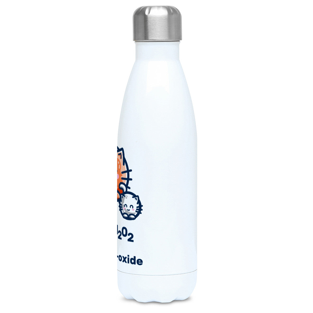 A tall white stainless steel drinks bottle seen side on with its silver lid on and the edge of the design showing