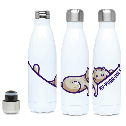 A tall white stainless steel drinks bottle, shown with lid on and off and from three angles. The design, of a brown cat lying asleep on a hyperbola arc with a front leg dangling and the wording 'HY-PURR-BOLA' beneath, wraps around the whole of the bottle.