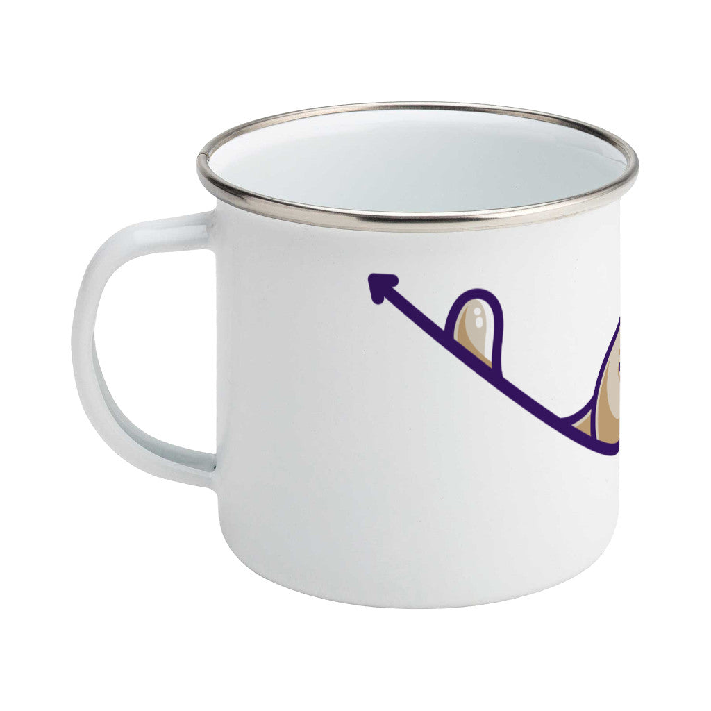 A silver rimmed white enamel mug, handle to the left, showing the left hand edge of a design of a brown cat lying asleep on a hyperbola arc with a front leg dangling and the wording 'HY-PURR-BOLA' beneath.