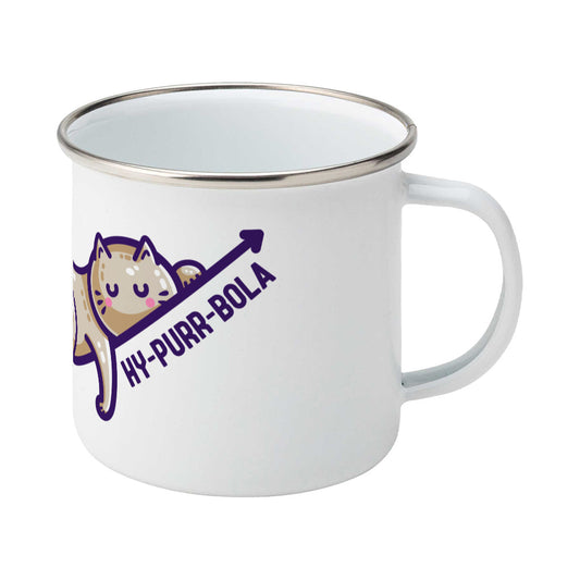 A silver rimmed white enamel mug, handle to the right, showing the right hand edge of a design of a brown cat lying asleep on a hyperbola arc with a front leg dangling and the wording 'HY-PURR-BOLA' beneath.