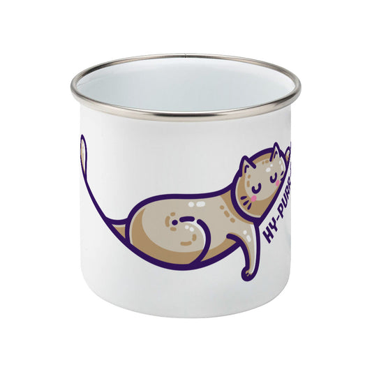 A silver rimmed white enamel mug, handle hidden behind, showing the middle part of a design of a brown cat lying asleep on a hyperbola arc with a front leg dangling and the wording 'HY-PURR-BOLA' beneath.