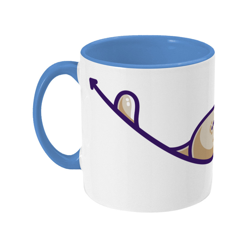A two toned white and blue ceramic mug, handle to the left, showing the left end of a design of a brown cat lying asleep on a hyperbola arc with a front leg dangling and the wording 'HY-PURR-BOLA' beneath.