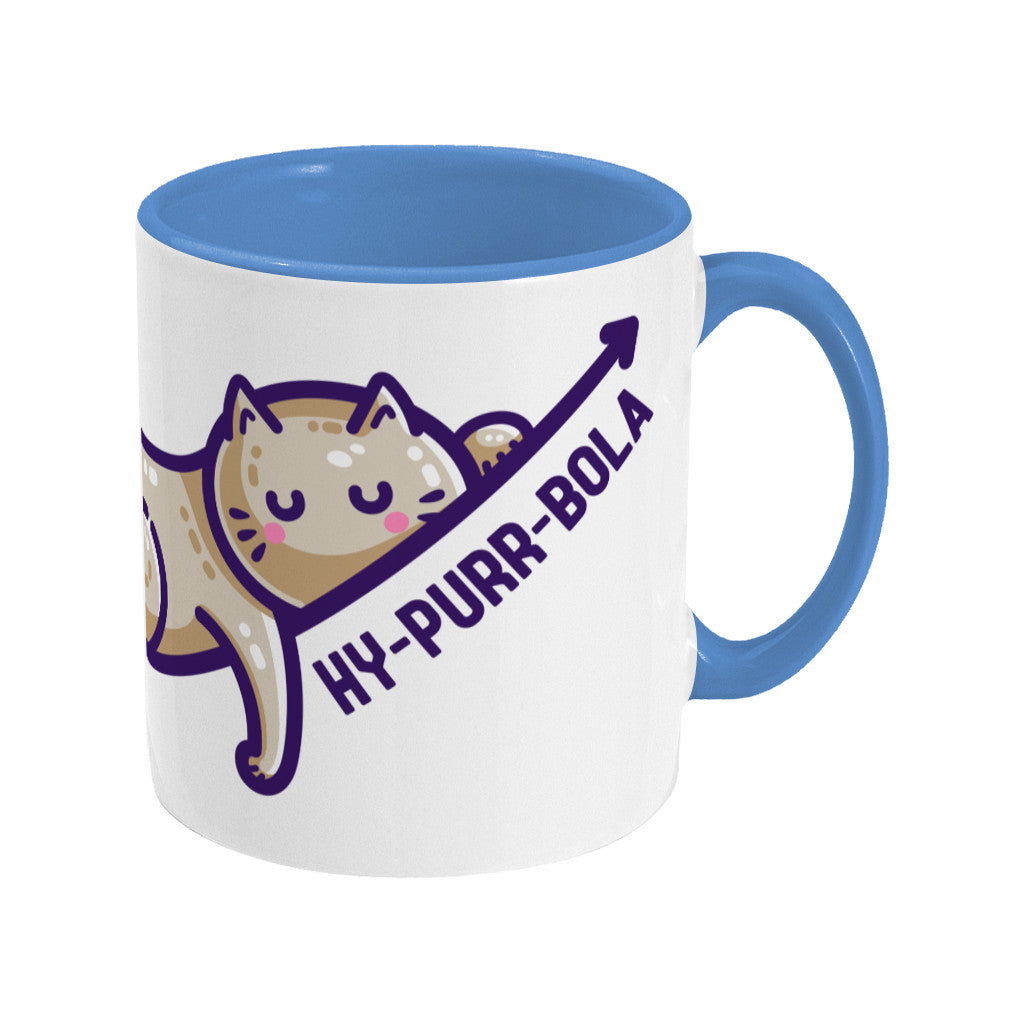 A two toned white and blue ceramic mug, handle to the right, showing right end of a design of a brown cat lying asleep on a hyperbola arc with a front leg dangling and the wording 'HY-PURR-BOLA' beneath.